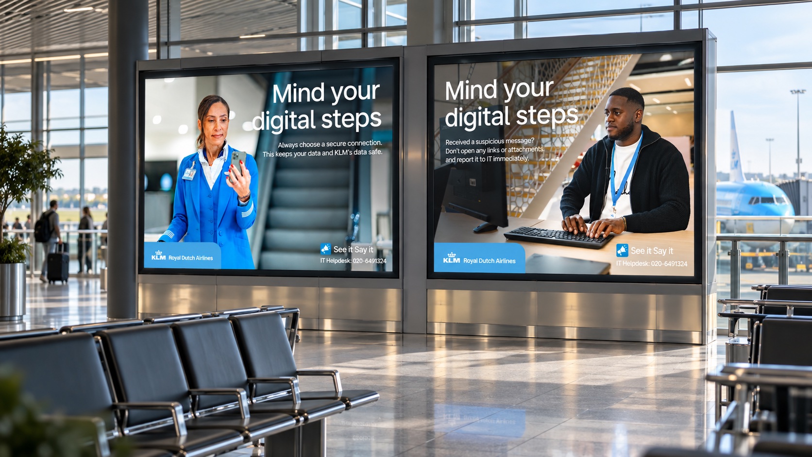 KLM campagne Mind your digital steps op twee schermen in een luchthavenomgeving