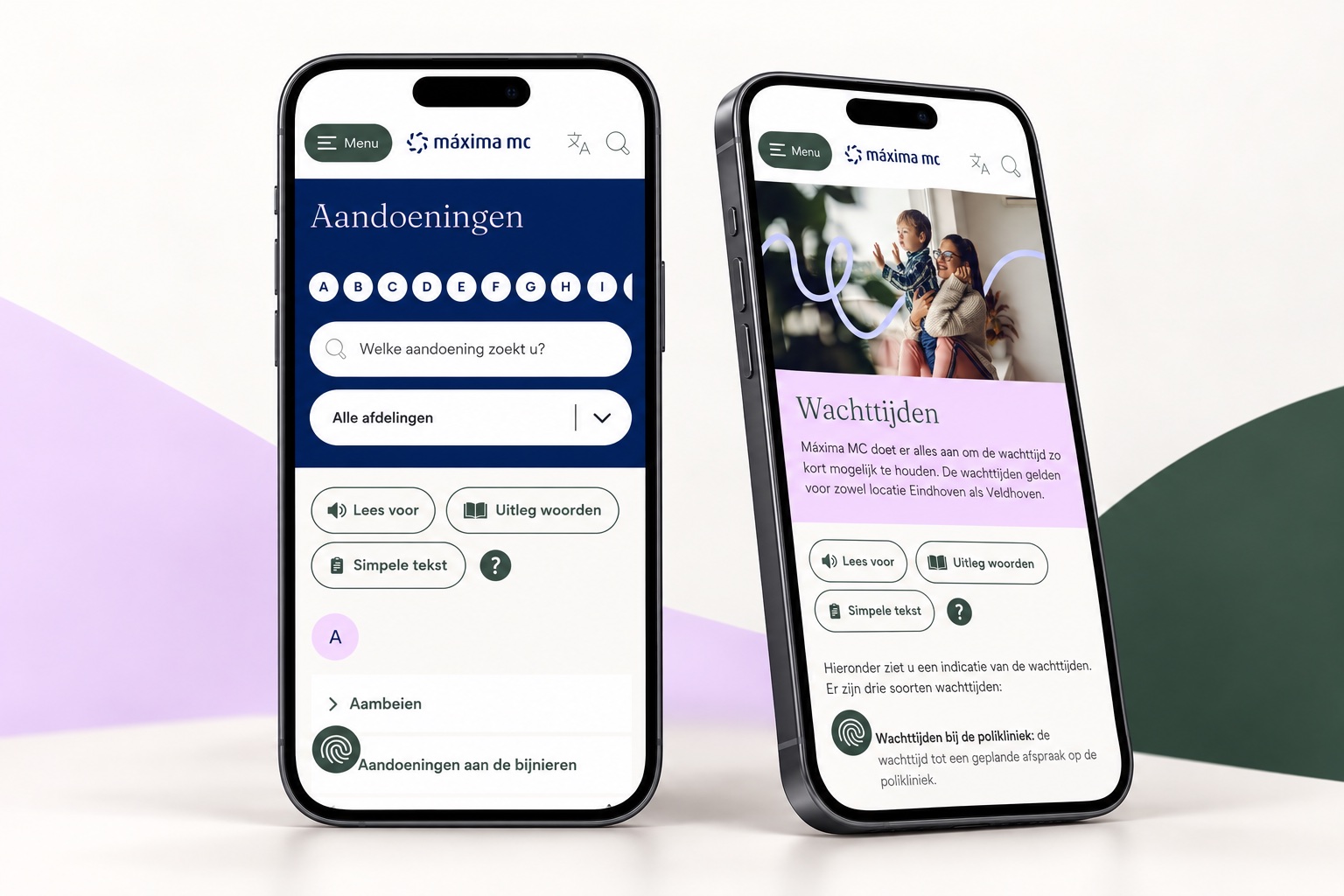 Twee mobiele mockups van de vernieuwde website van Máxima MC